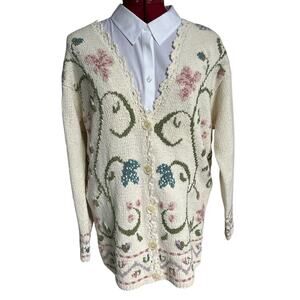 Vintage Liz Claiborne‎ Medium Large Hand Knit Floral Cream Long Line Cardigan